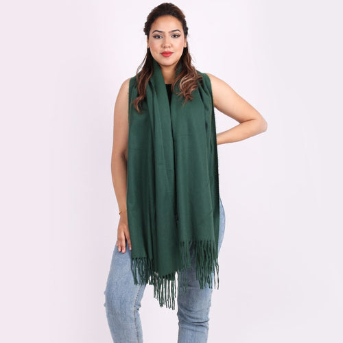 Italian Bottle Green Plain Braided Tassels Lana Wool Scarf