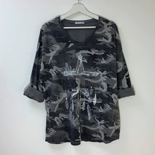 Italian Grey Camo Print Top With Dreamcatcher Amour Crystal Motif