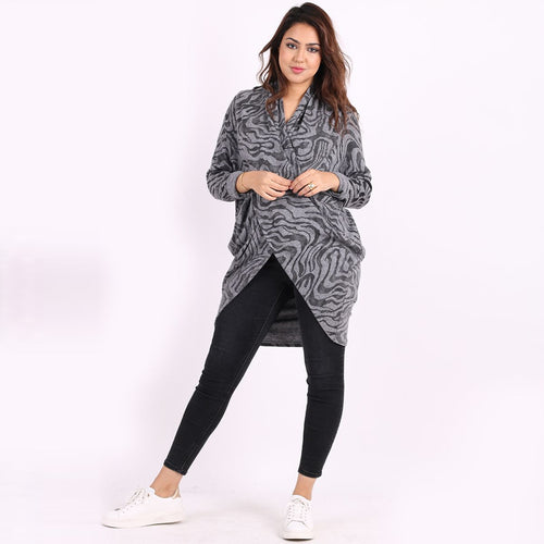 Italian Grey Tiger Print Cowl Neck Trendy Cross Over Lagenlook Top