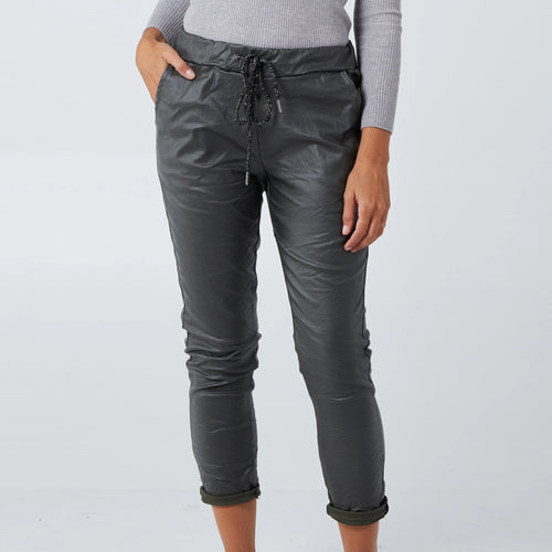 Italian Grey Magic Stretch PU Coated Crushed Trousers