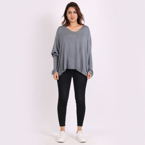 Italian Grey V-Neck Heart Pattern Oversized Lagenlook Knitted Jumper