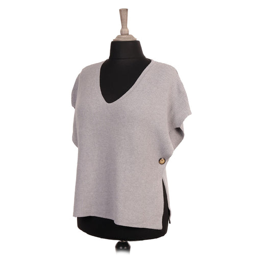 Italian Grey Knitted V-neck Jumper With Side Button Fastening