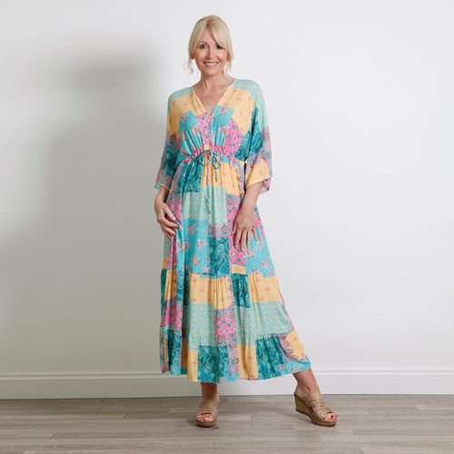 Goose Island Turquoise Paisley Print Tie Bust Dress