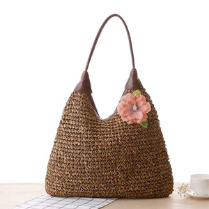 Dark Brown Natural Straw Bag With Flower Detail