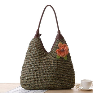 Dark Green Natural Straw Bag With Flower Detail