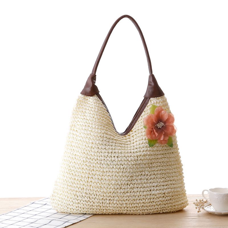 Ivory Natural Straw Bag With Flower Detail