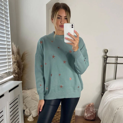 Green Oversize One Size Embroidered Star Knit Jumper