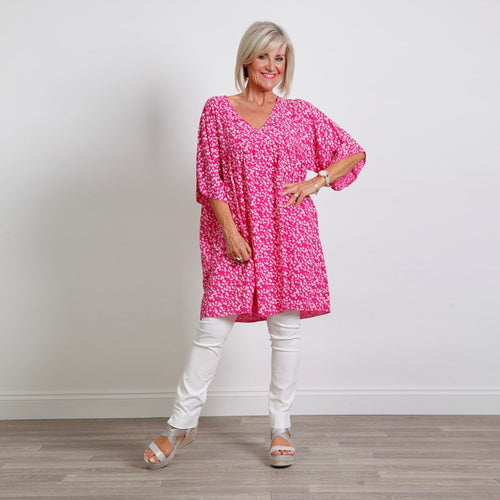 Goose Island Fuchsia Ditsy 3/4 Sleeve Flower Tunic