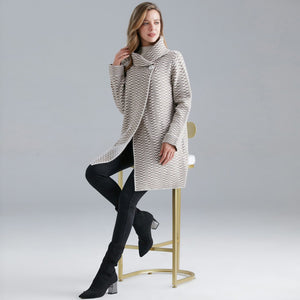 Italian Beige Zig Zag Pattern Wool Mix Wrap Over Knitted Coat