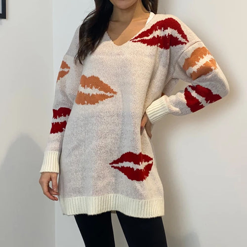 Girl In Mind Lips Print Fran V Neck Slouchy Jumper