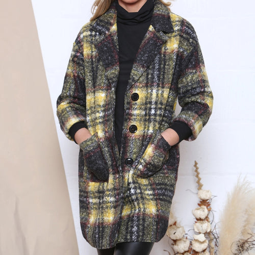 Italian Mustard Checked Boiled Wool Double Breasted Coat