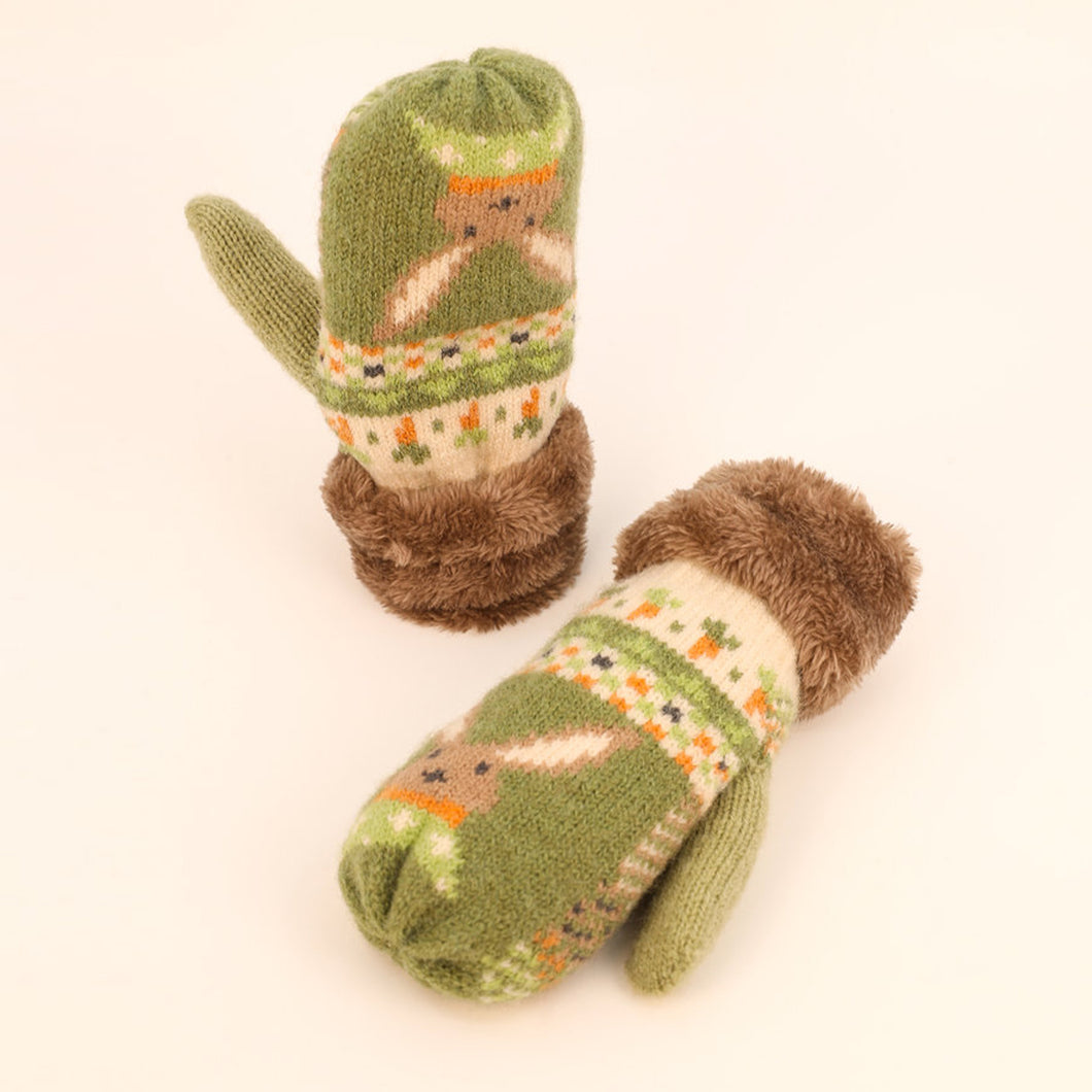 Powder Olive Bunny Kid's Knitted Mittens