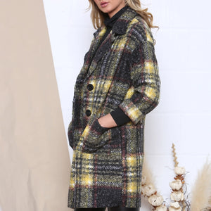 Italian Mustard Checked Boiled Wool Double Breasted Coat