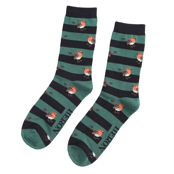 Mr Heron Green Robins & Stripes Socks