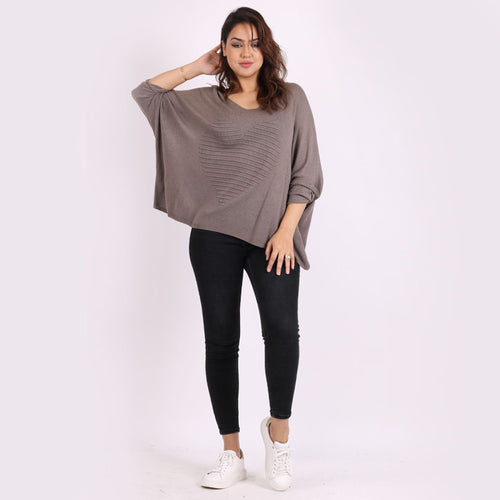 Italian Mocha V-Neck Heart Pattern Oversized Lagenlook Knitted Jumper