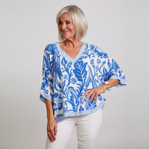 Goose Island Royal Blue 3/4 Sleeve Flower Print Top
