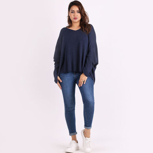 Italian Navy V-Neck Heart Pattern Oversized Lagenlook Knitted Jumper