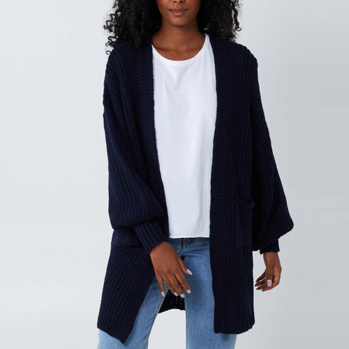 Italian Navy Edge To Edge Mid Length 3 Gauge Knitted Cardigan