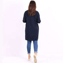Load image into Gallery viewer, Italian Navy Polka Dots Open Front Knitted Lagenlook Drape Cardigan