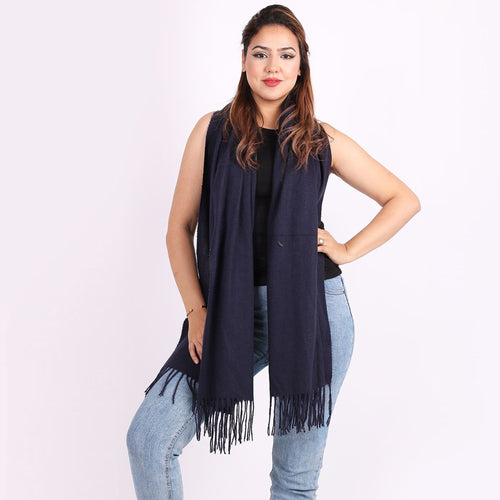Italian Navy Plain Braided Tassels Lana Wool Scarf