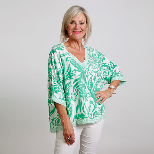 Goose Island Green 3/4 Sleeve Flower Print Top