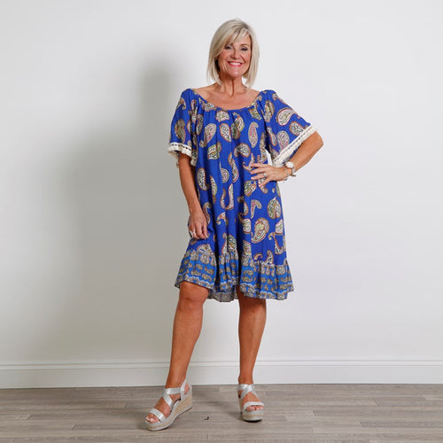 Goose Island Royal Blue Paisley Print Tassel Edge Dress