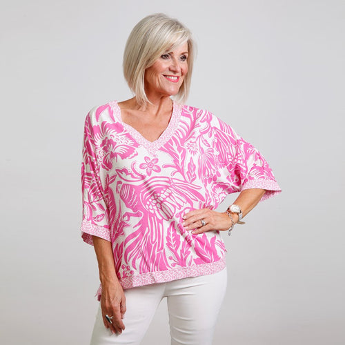 Goose Island Fuchsia 3/4 Sleeve Flower Print Top
