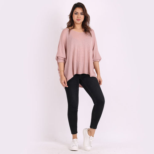 Italian Pink V-Neck Heart Pattern Oversized Lagenlook Knitted Jumper