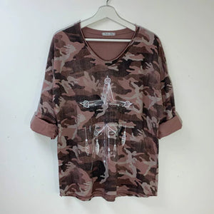 Italian Pink Camo Print Top With Dreamcatcher Amour Crystal Motif