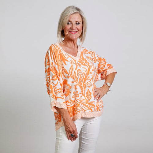 Goose Island Orange 3/4 Sleeve Flower Print Top