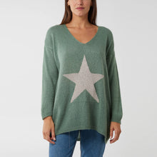 Load image into Gallery viewer, Italian Sage V-Neck Metallic Star Knit Jumper