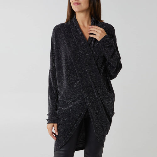 Italian Black & Silver Drape Asymmetric Glitter Top