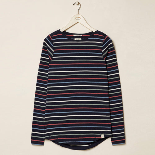 Fat Face Navy Organic Cotton Rich Breton Striped Curved Hem Top