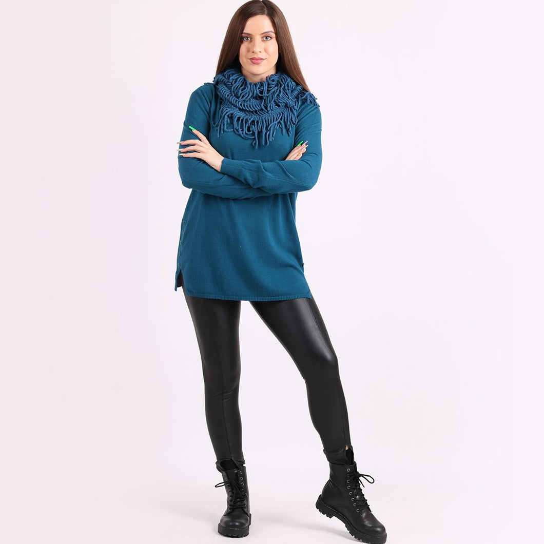 Italian Teal Ribbed Sides & Buttons Knitted Scarf Lagenlook Jumper