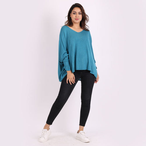 Italian Teal V-Neck Heart Pattern Oversized Lagenlook Knitted Jumper