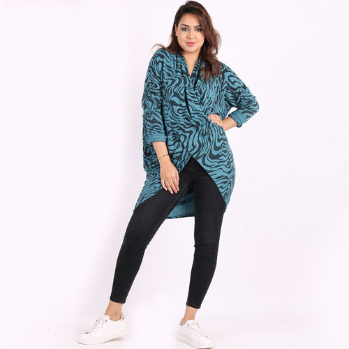 Italian Teal Tiger Print Cowl Neck Cross Over Lagenlook Top