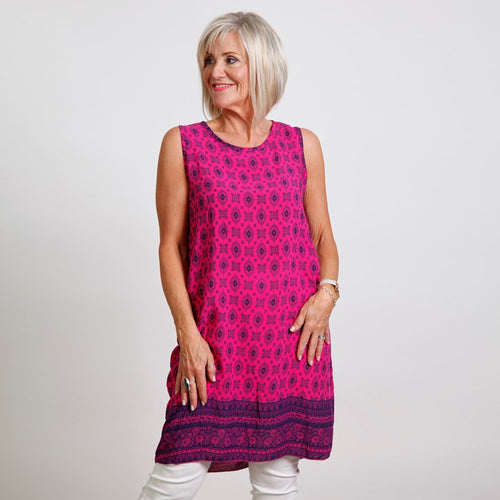 Goose Island Fuchsia Sleeveless Print Edged Short Dress