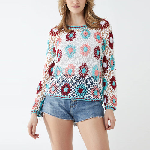 Italian White Circle Patches Crochet Knit Jumper