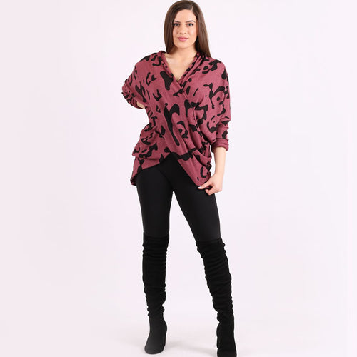 Italian Wine Leopard Print Cowl Neck Twisted Cross Over Lagenlook Top