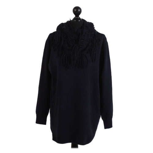Italian Navy Ribbed Sides & Buttons Knitted Scarf Lagenlook Jumper